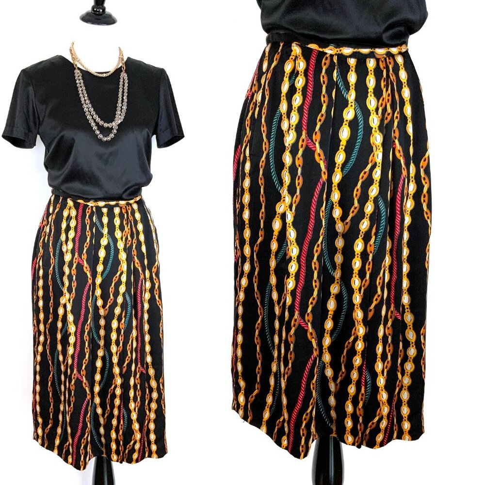 Hana Sung Midi Pleated Silk Skirt Chain Jewel Print Sz 12-10 - Picture 2 of 16